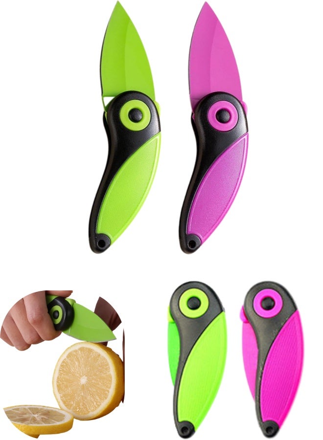 طقم سكين فاكهة قابل للطي عدد 2 قطعة من الفولاذ المقاوم للصدأ – سكاكين مطبخ محمولة لتقشير وتقطيع الفواكه والخضروات – تصميم آمن بآلية طي كاملة ومقبض مريح مانع للانزلاق – مثالي للاستخدام المنزلي، الرحلات، التخييم، العمل، المدرسة – Portable Folding Fruit Knife Set 2 Pieces - Image 1